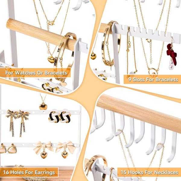 DreamGenius Jewelry Organizer Stand with Velvet Ring Holder, 4 Tier Jewelry Holder Organizer with 15 Hooks for Necklaces and 16 Holes for Earrings, White - 5