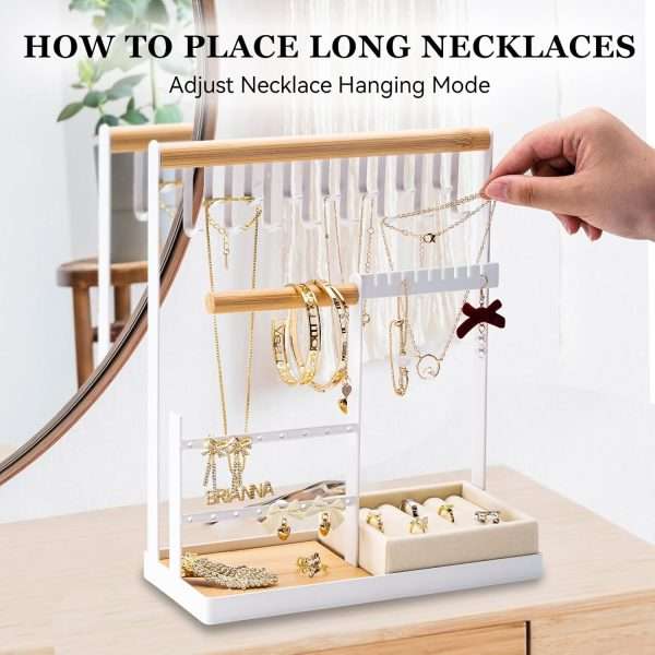 DreamGenius Jewelry Organizer Stand with Velvet Ring Holder, 4 Tier Jewelry Holder Organizer with 15 Hooks for Necklaces and 16 Holes for Earrings, White - 6