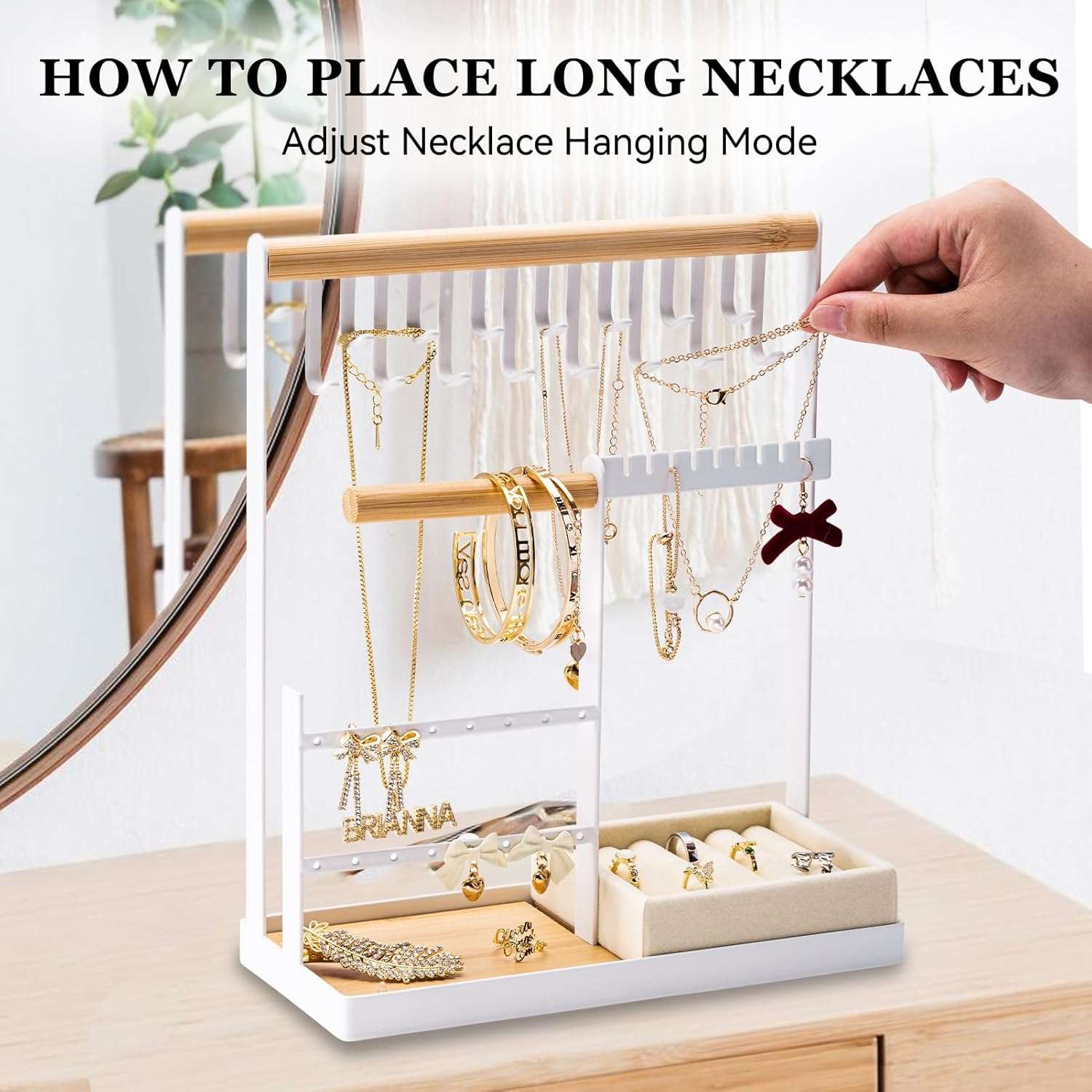 DreamGenius Jewelry Organizer Stand with Velvet Ring Holder, 4 Tier Jewelry Holder Organizer with 15 Hooks for Necklaces and 16 Holes for Earrings, White - 6