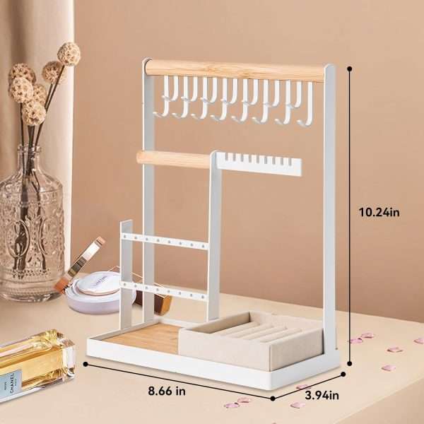 DreamGenius Jewelry Organizer Stand with Velvet Ring Holder, 4 Tier Jewelry Holder Organizer with 15 Hooks for Necklaces and 16 Holes for Earrings, White - 7