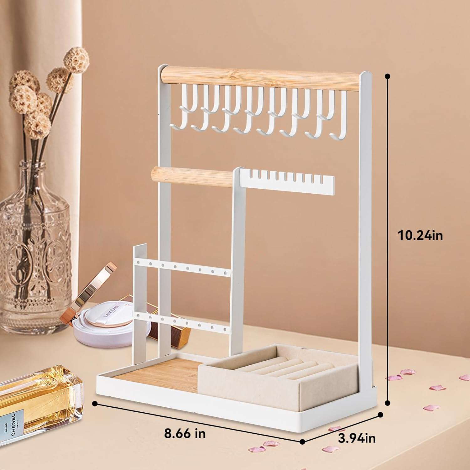 DreamGenius Jewelry Organizer Stand with Velvet Ring Holder, 4 Tier Jewelry Holder Organizer with 15 Hooks for Necklaces and 16 Holes for Earrings, White - 7