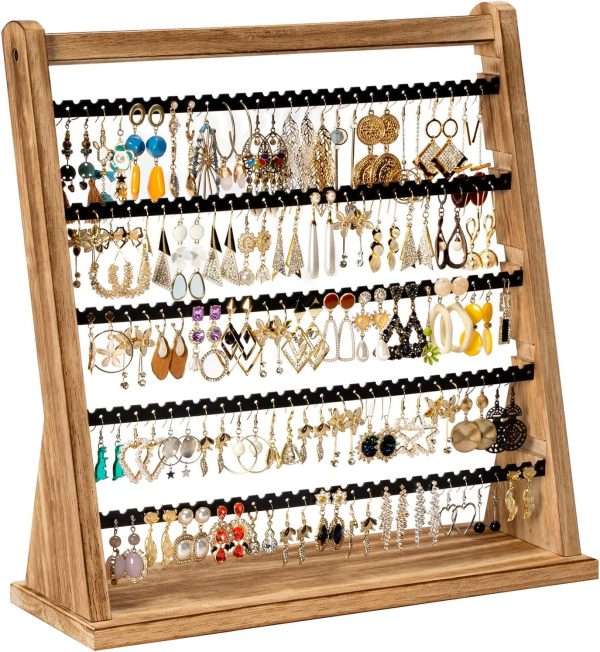 Earring Holder Organizer, Rustic Wood Earring Holder Stand, 5 Layer Jewelry Holder Organizer with 270 Earring Tree Holes Display Rack for Stud Earings & Hoop Earrings, Gifts for Women - 1
