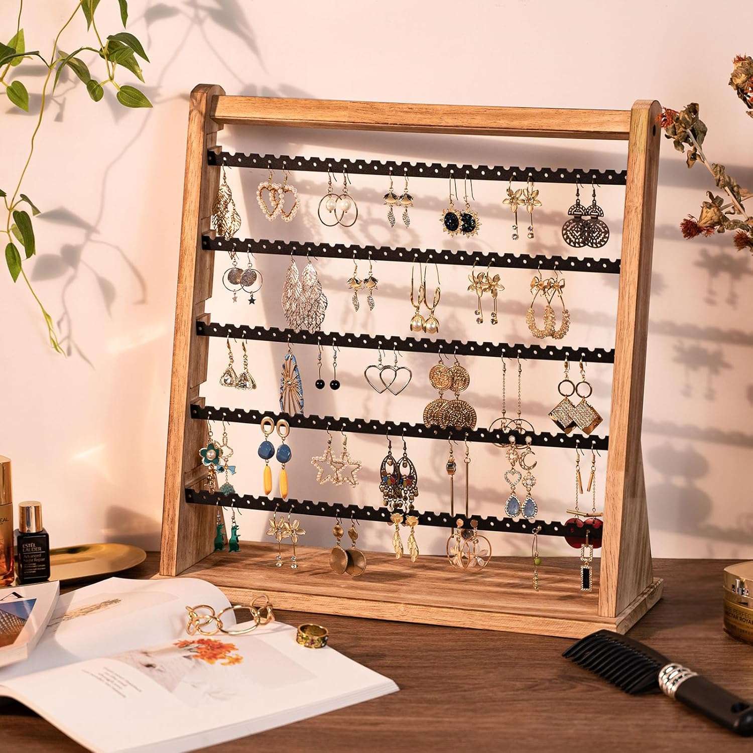 Earring Holder Organizer, Rustic Wood Earring Holder Stand, 5 Layer Jewelry Holder Organizer with 270 Earring Tree Holes Display Rack for Stud Earings & Hoop Earrings, Gifts for Women - 2