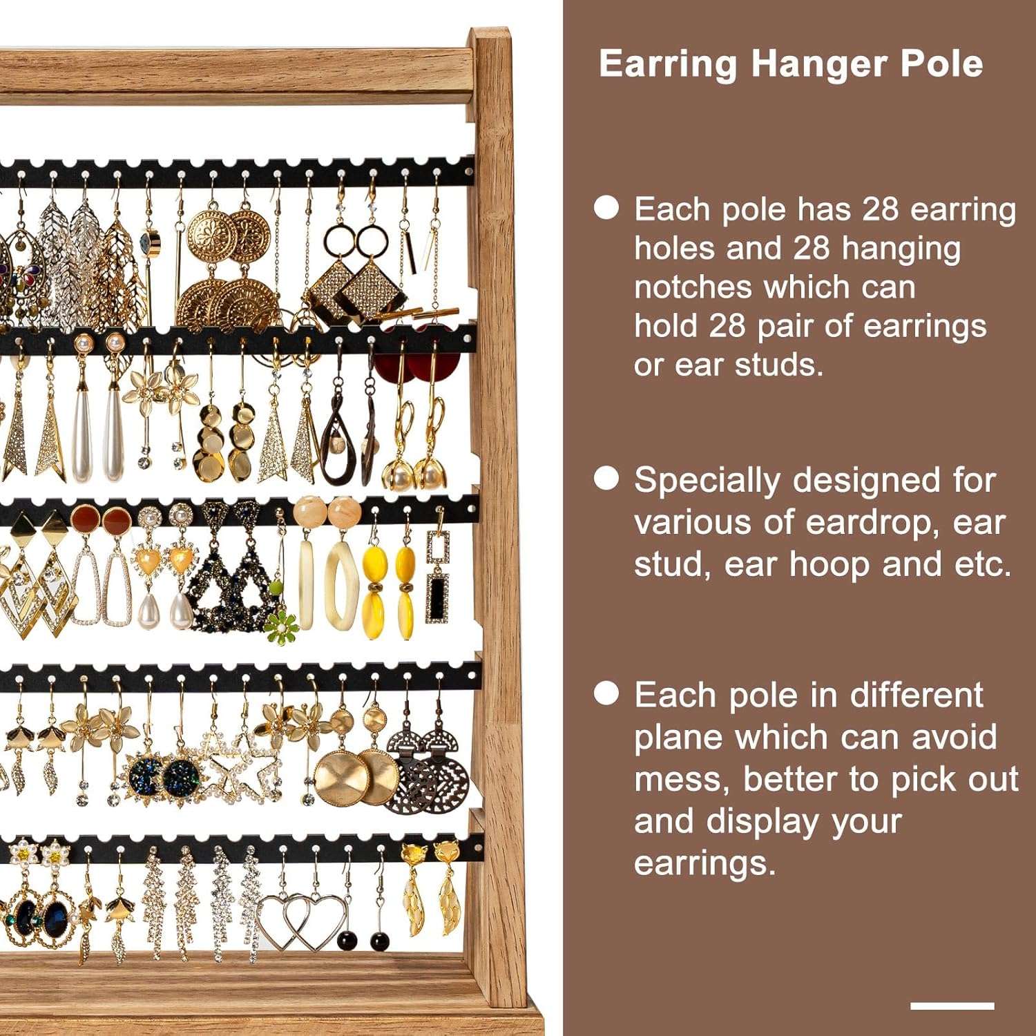 Earring Holder Organizer, Rustic Wood Earring Holder Stand, 5 Layer Jewelry Holder Organizer with 270 Earring Tree Holes Display Rack for Stud Earings & Hoop Earrings, Gifts for Women - 3
