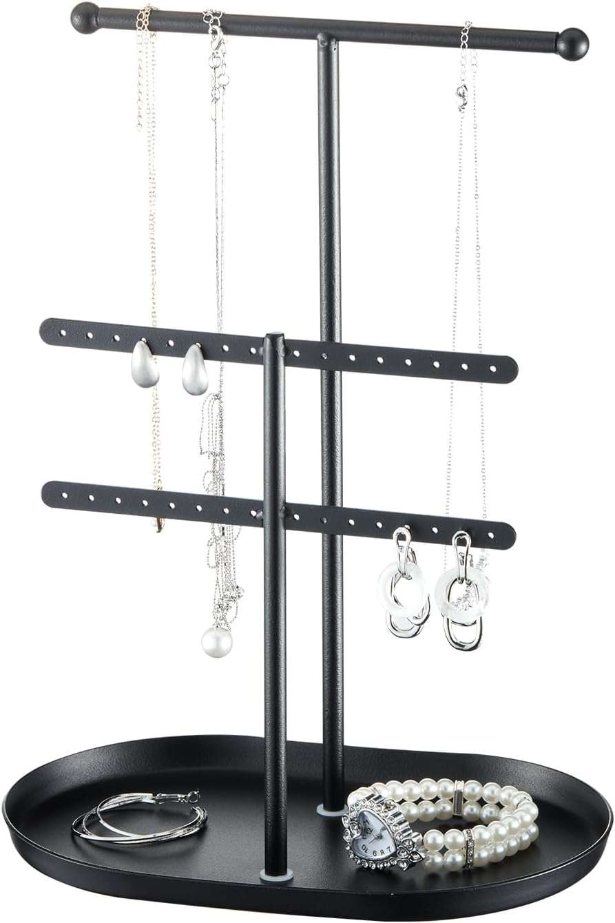 Elegant Jewelry holder Organizer 2-Tier Display Storage Stand for Earrings Necklaces with Ring Tray Spacious and Durable, Easy to Assemble Black - 1