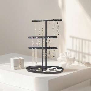 Elegant Jewelry holder Organizer 2-Tier Display Storage Stand for Earrings Necklaces with Ring Tray Spacious and Durable, Easy to Assemble Black - 2