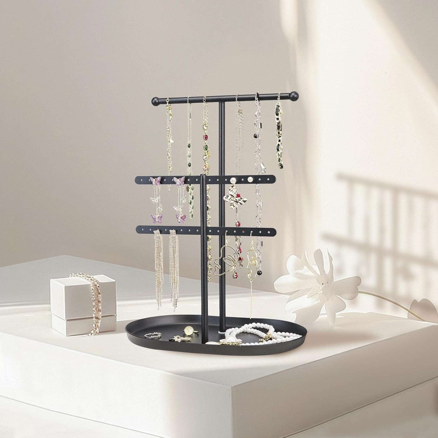 Elegant Jewelry holder Organizer 2-Tier Display Storage Stand for Earrings Necklaces with Ring Tray Spacious and Durable, Easy to Assemble Black - 2