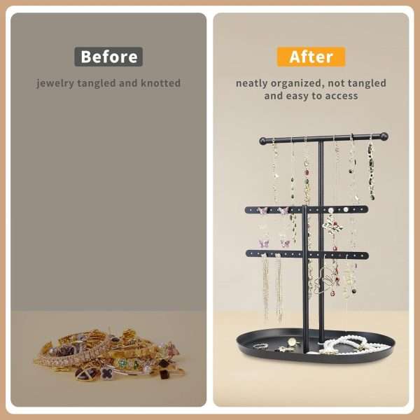 Elegant Jewelry holder Organizer 2-Tier Display Storage Stand for Earrings Necklaces with Ring Tray Spacious and Durable, Easy to Assemble Black - 3
