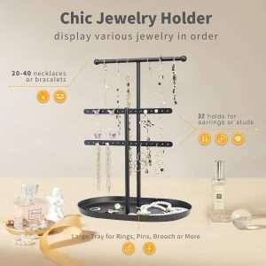 Elegant Jewelry holder Organizer 2-Tier Display Storage Stand for Earrings Necklaces with Ring Tray Spacious and Durable, Easy to Assemble Black - 4