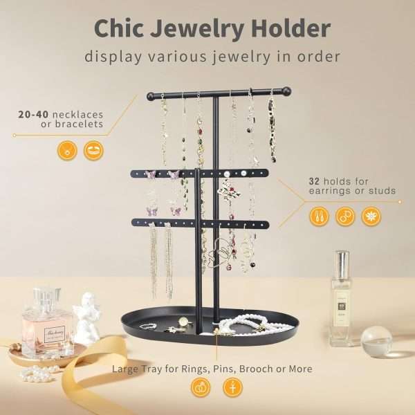 Elegant Jewelry holder Organizer 2-Tier Display Storage Stand for Earrings Necklaces with Ring Tray Spacious and Durable, Easy to Assemble Black - 4