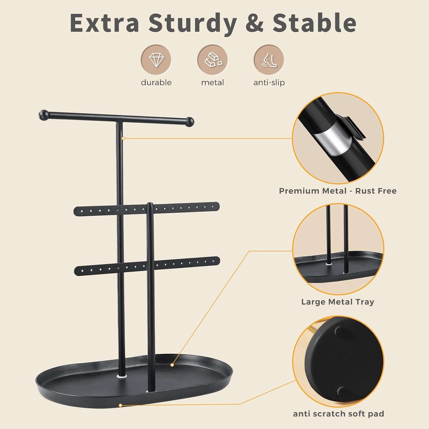 Elegant Jewelry holder Organizer 2-Tier Display Storage Stand for Earrings Necklaces with Ring Tray Spacious and Durable, Easy to Assemble Black - 6