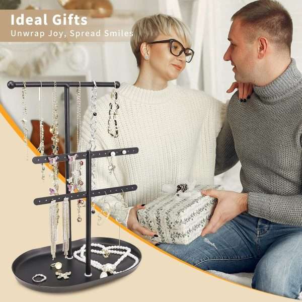 Elegant Jewelry holder Organizer 2-Tier Display Storage Stand for Earrings Necklaces with Ring Tray Spacious and Durable, Easy to Assemble Black - 7