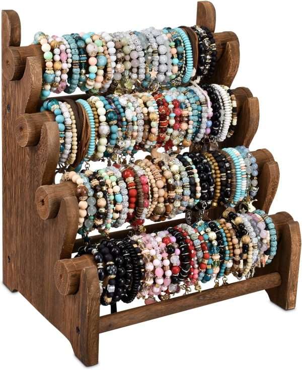Ikee Design Antique Wooden 4 Tier Jewelry Bracelet Display Stand Bangle Scrunchie Organizer Holder for Store, Showcase and Home Storage, 12 W x 9 D x 14 H in, Brown Color - 1