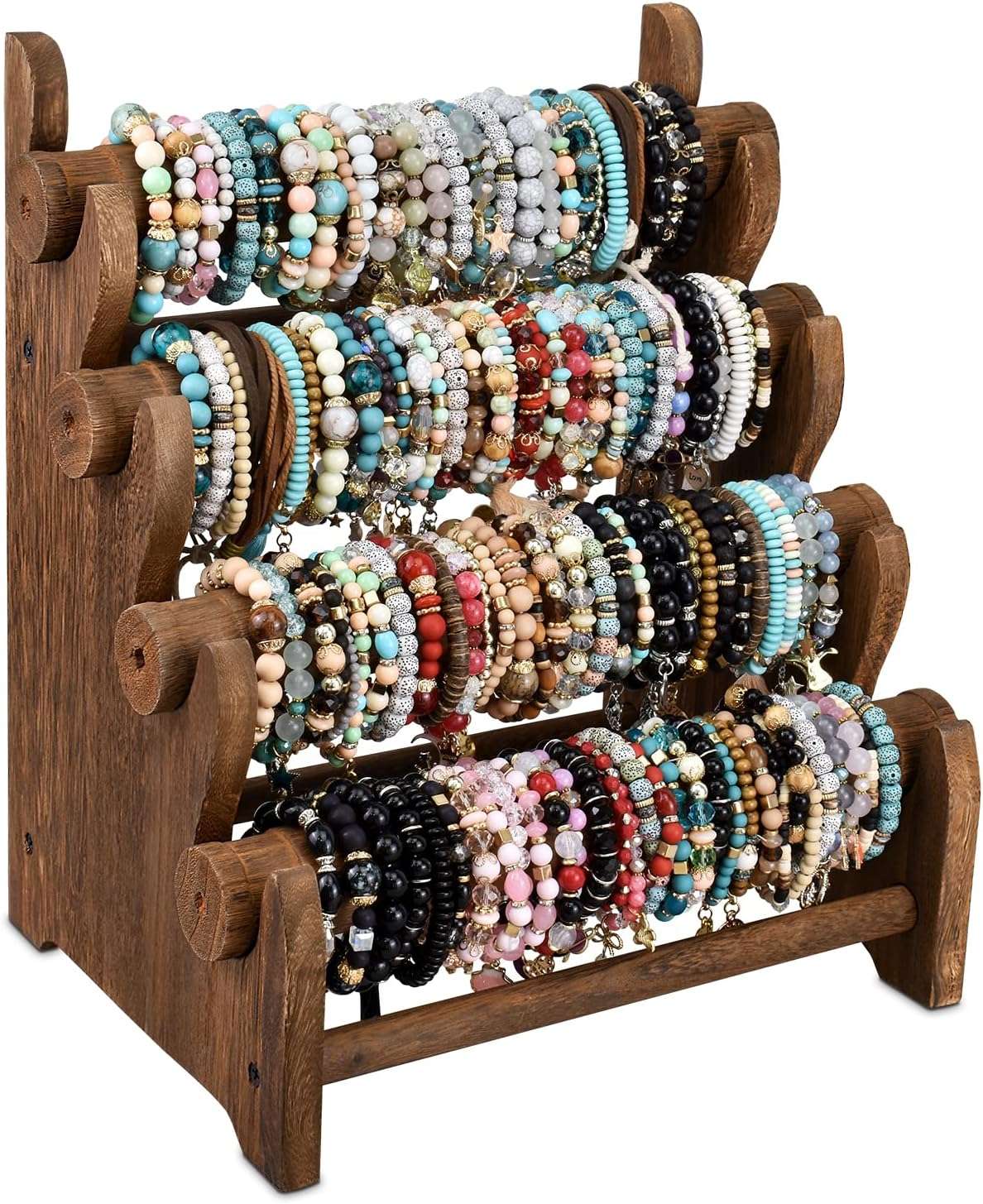 Ikee Design Antique Wooden 4 Tier Jewelry Bracelet Display Stand Bangle Scrunchie Organizer Holder for Store, Showcase and Home Storage, 12 W x 9 D x 14 H in, Brown Color - 1