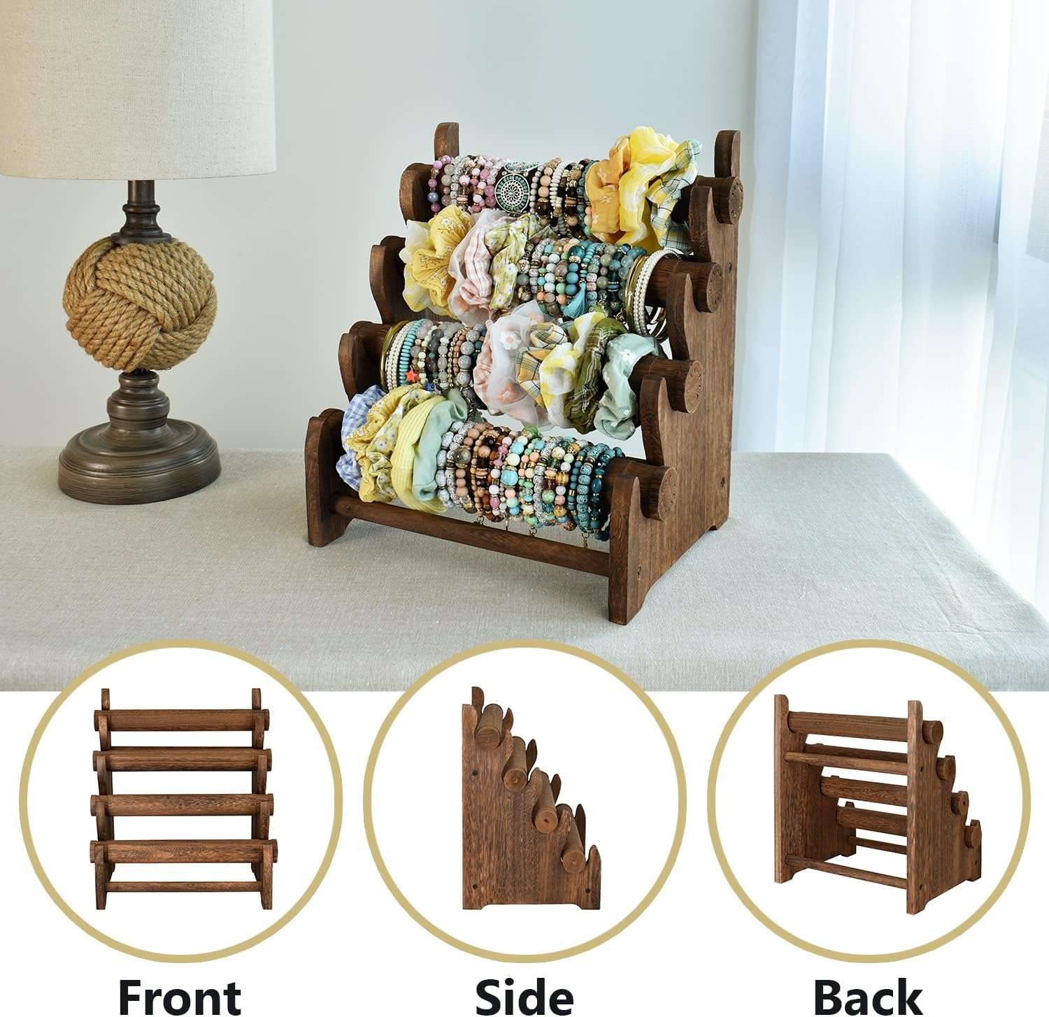 Ikee Design Antique Wooden 4 Tier Jewelry Bracelet Display Stand Bangle Scrunchie Organizer Holder for Store, Showcase and Home Storage, 12 W x 9 D x 14 H in, Brown Color - 3