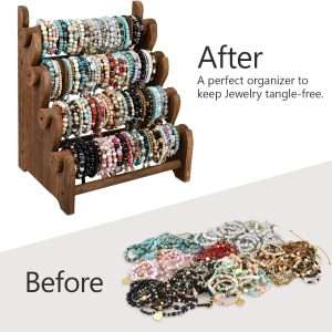 Ikee Design Antique Wooden 4 Tier Jewelry Bracelet Display Stand Bangle Scrunchie Organizer Holder for Store, Showcase and Home Storage, 12 W x 9 D x 14 H in, Brown Color - 4