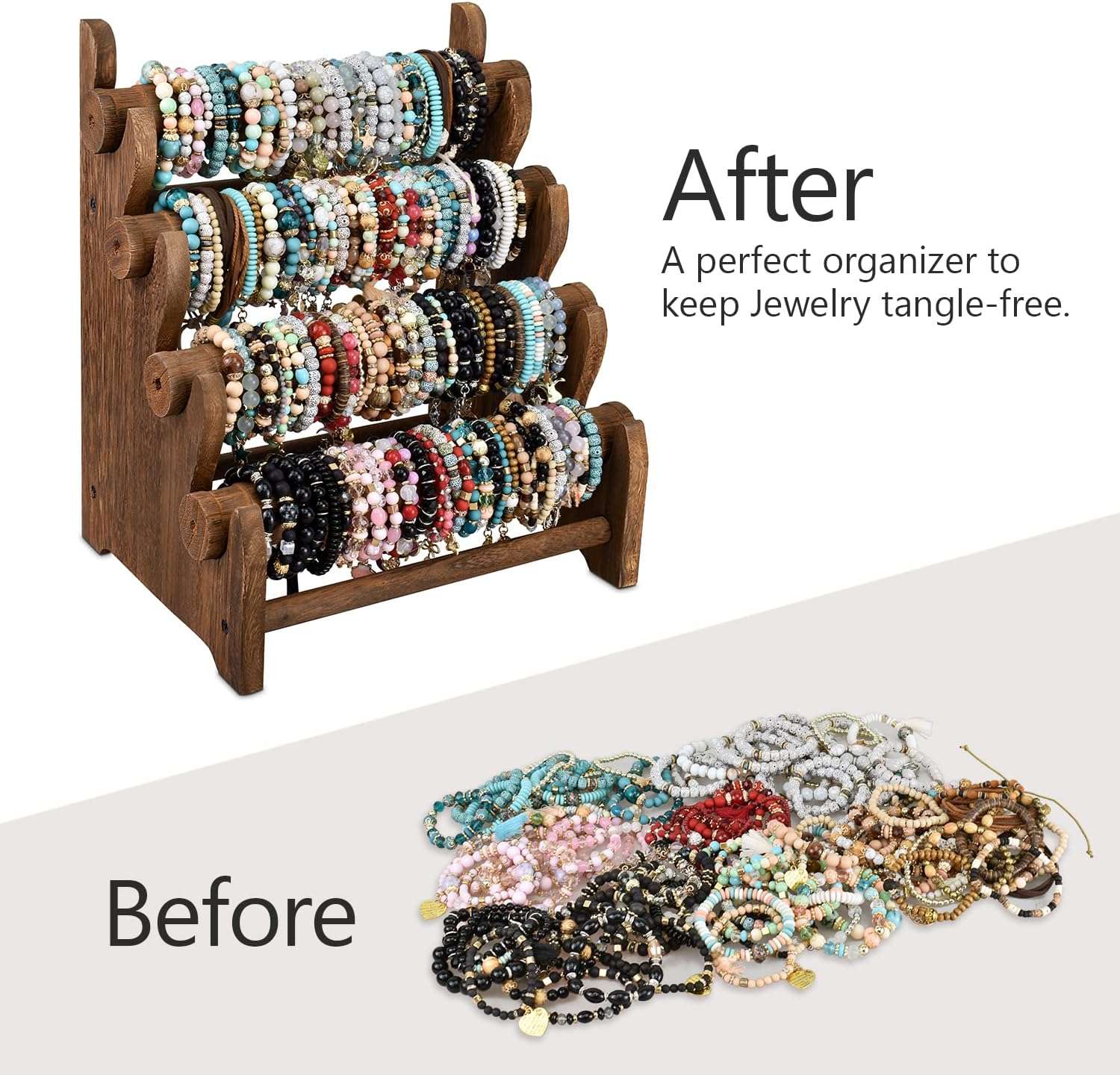 Ikee Design Antique Wooden 4 Tier Jewelry Bracelet Display Stand Bangle Scrunchie Organizer Holder for Store, Showcase and Home Storage, 12 W x 9 D x 14 H in, Brown Color - 4