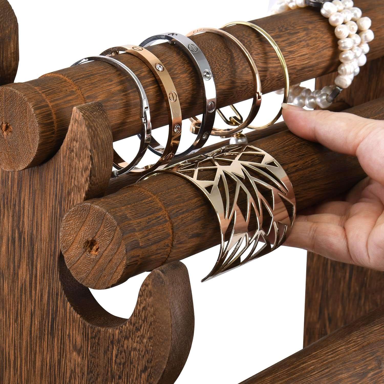 Ikee Design Antique Wooden 4 Tier Jewelry Bracelet Display Stand Bangle Scrunchie Organizer Holder for Store, Showcase and Home Storage, 12 W x 9 D x 14 H in, Brown Color - 5