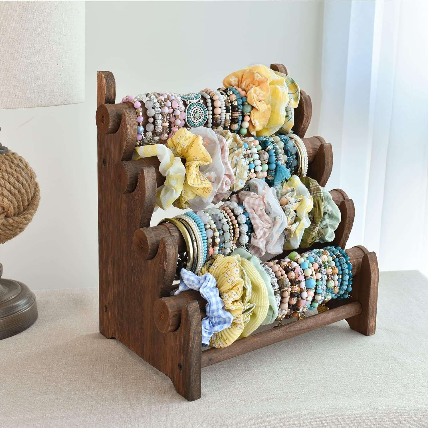 Ikee Design Antique Wooden 4 Tier Jewelry Bracelet Display Stand Bangle Scrunchie Organizer Holder for Store, Showcase and Home Storage, 12 W x 9 D x 14 H in, Brown Color - 7