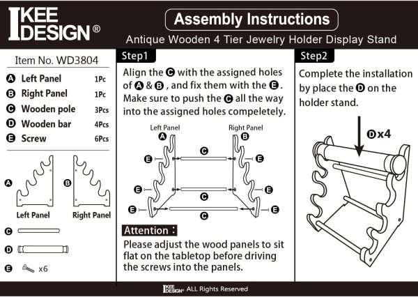 Ikee Design Antique Wooden 4 Tier Jewelry Bracelet Display Stand Bangle Scrunchie Organizer Holder for Store, Showcase and Home Storage, 12 W x 9 D x 14 H in, Brown Color - 8