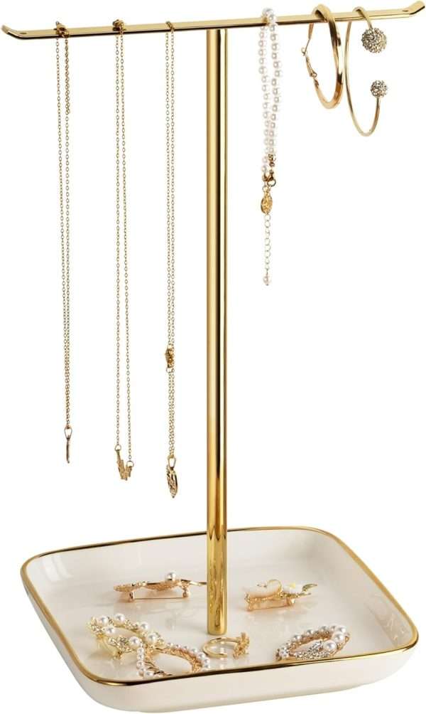 Jewelry Holder Stand with Ceramic Base- 12 Tall Necklace Organizer Rack, Tree Design Display Storage for Necklaces, Bracelets, Rings, Earrings, Aesthetic Room Décor - 1