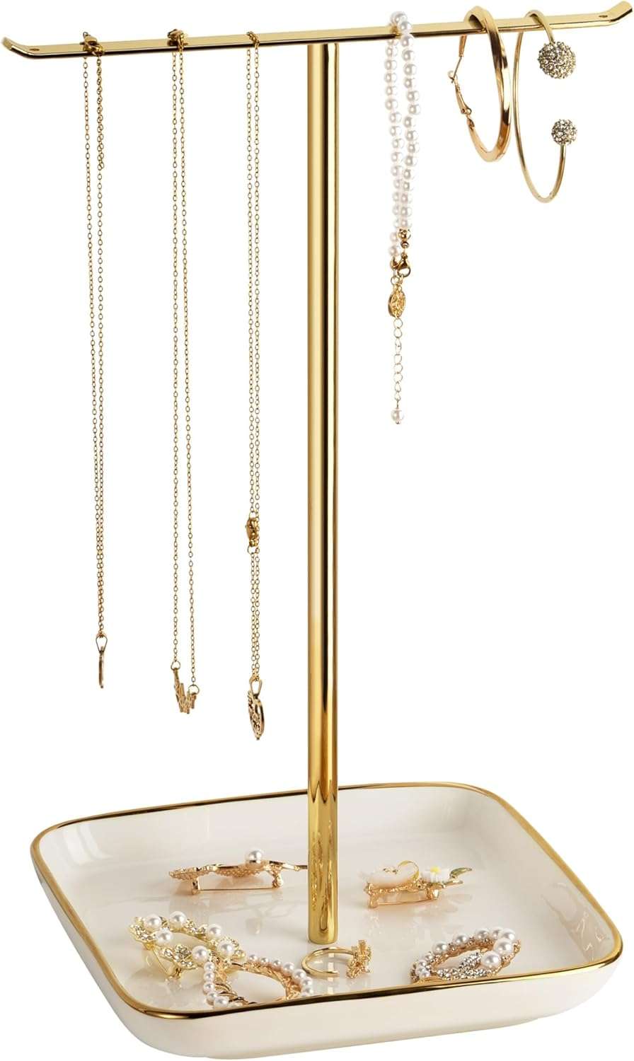 Jewelry Holder Stand with Ceramic Base- 12 Tall Necklace Organizer Rack, Tree Design Display Storage for Necklaces, Bracelets, Rings, Earrings, Aesthetic Room Décor - 1