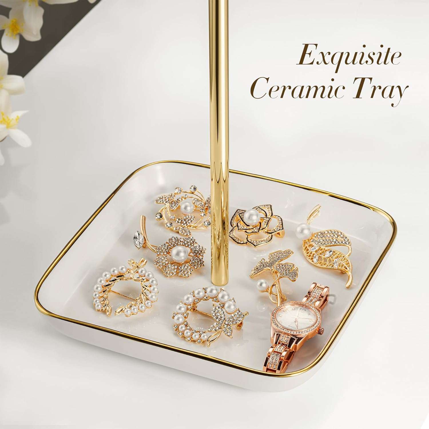 Jewelry Holder Stand with Ceramic Base- 12 Tall Necklace Organizer Rack, Tree Design Display Storage for Necklaces, Bracelets, Rings, Earrings, Aesthetic Room Décor - 2