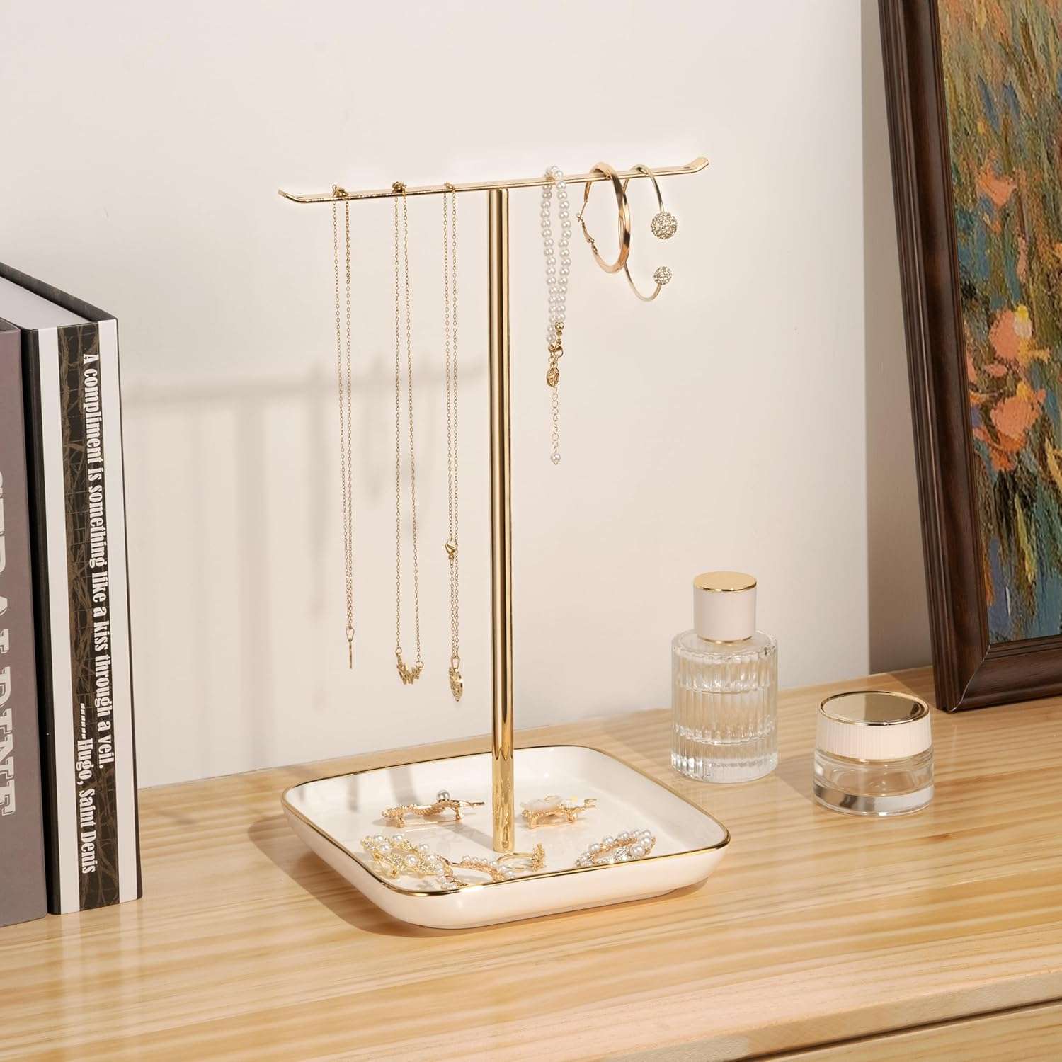 Jewelry Holder Stand with Ceramic Base- 12 Tall Necklace Organizer Rack, Tree Design Display Storage for Necklaces, Bracelets, Rings, Earrings, Aesthetic Room Décor - 3