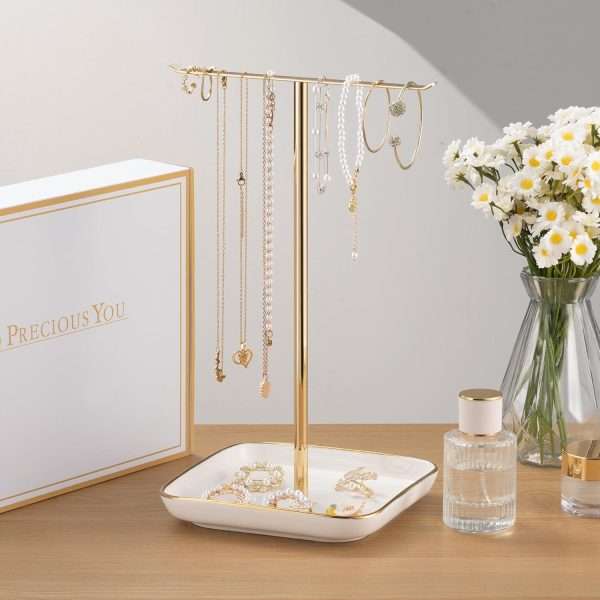 Jewelry Holder Stand with Ceramic Base- 12 Tall Necklace Organizer Rack, Tree Design Display Storage for Necklaces, Bracelets, Rings, Earrings, Aesthetic Room Décor - 6