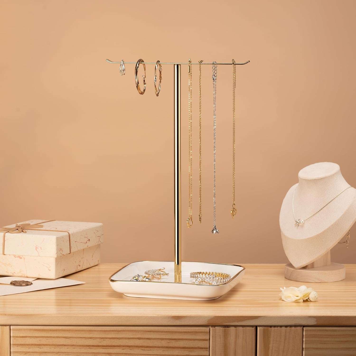 Jewelry Holder Stand with Ceramic Base- 12 Tall Necklace Organizer Rack, Tree Design Display Storage for Necklaces, Bracelets, Rings, Earrings, Aesthetic Room Décor - 7