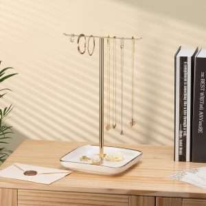 Jewelry Holder Stand with Ceramic Base- 12 Tall Necklace Organizer Rack, Tree Design Display Storage for Necklaces, Bracelets, Rings, Earrings, Aesthetic Room Décor - 8