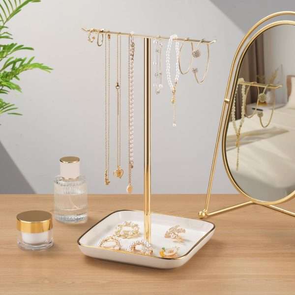 Jewelry Holder Stand with Ceramic Base- 12 Tall Necklace Organizer Rack, Tree Design Display Storage for Necklaces, Bracelets, Rings, Earrings, Aesthetic Room Décor - 9