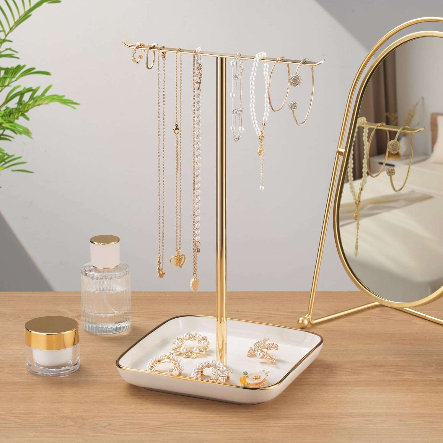 Jewelry Holder Stand with Ceramic Base- 12 Tall Necklace Organizer Rack, Tree Design Display Storage for Necklaces, Bracelets, Rings, Earrings, Aesthetic Room Décor - 9