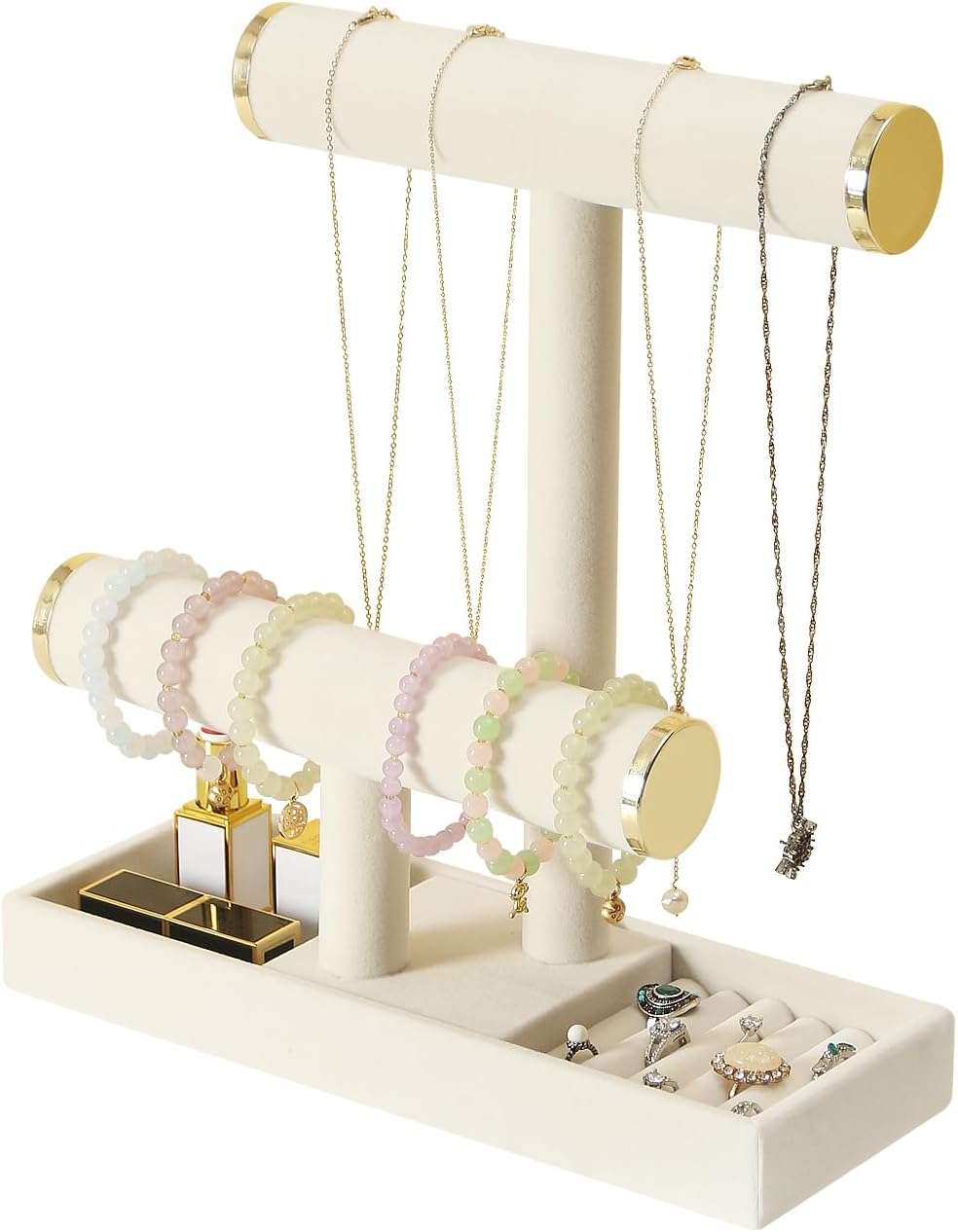 Jewelry Holder Stand,2 Tier Necklace Bracelet Organizer with Tray,Jewelry Displays for Selling Bangles Scrunchie Hair ties Watches and Chains - 1