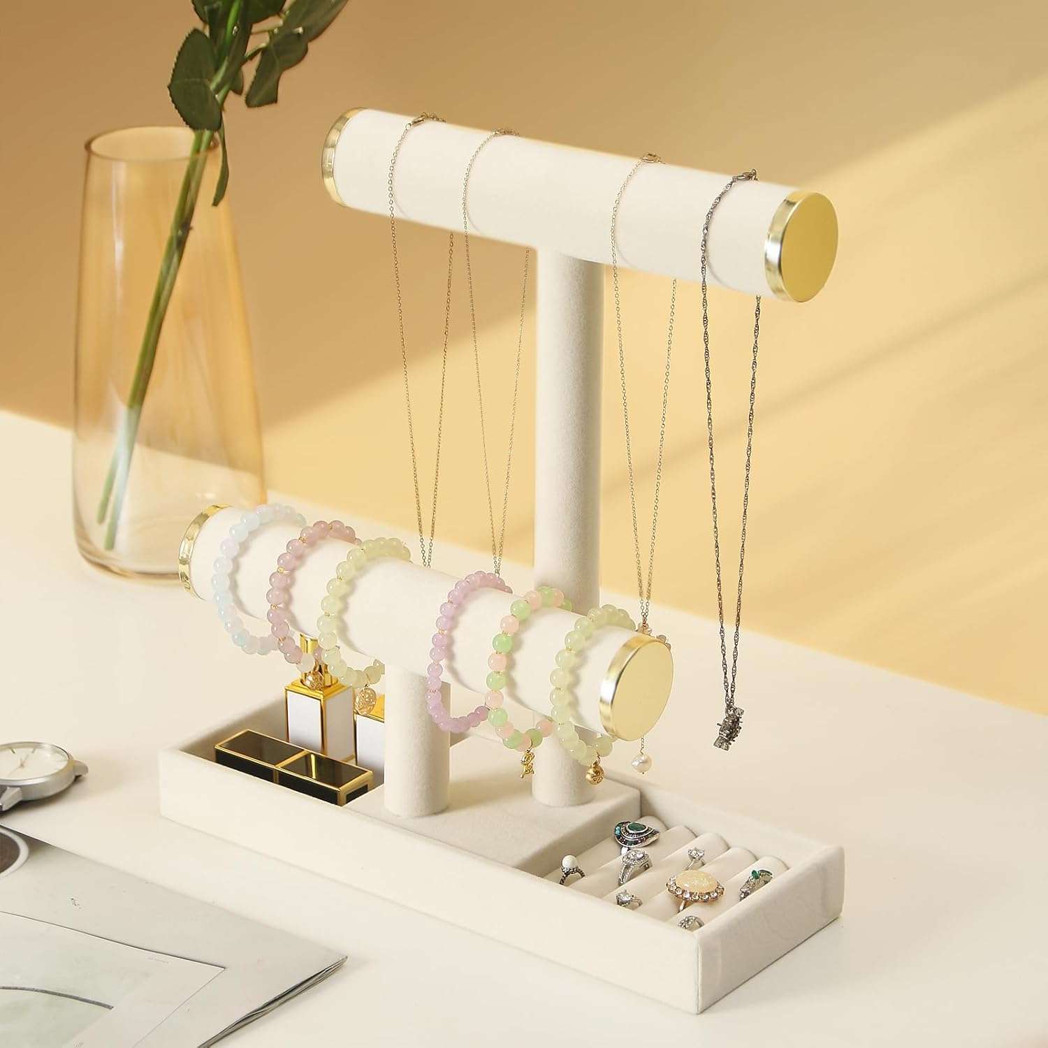 Jewelry Holder Stand,2 Tier Necklace Bracelet Organizer with Tray,Jewelry Displays for Selling Bangles Scrunchie Hair ties Watches and Chains - 2