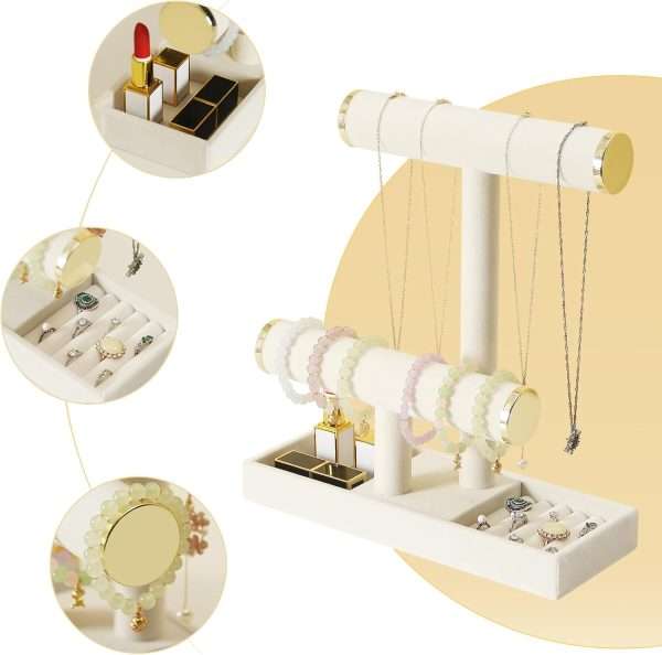 Jewelry Holder Stand,2 Tier Necklace Bracelet Organizer with Tray,Jewelry Displays for Selling Bangles Scrunchie Hair ties Watches and Chains - 4