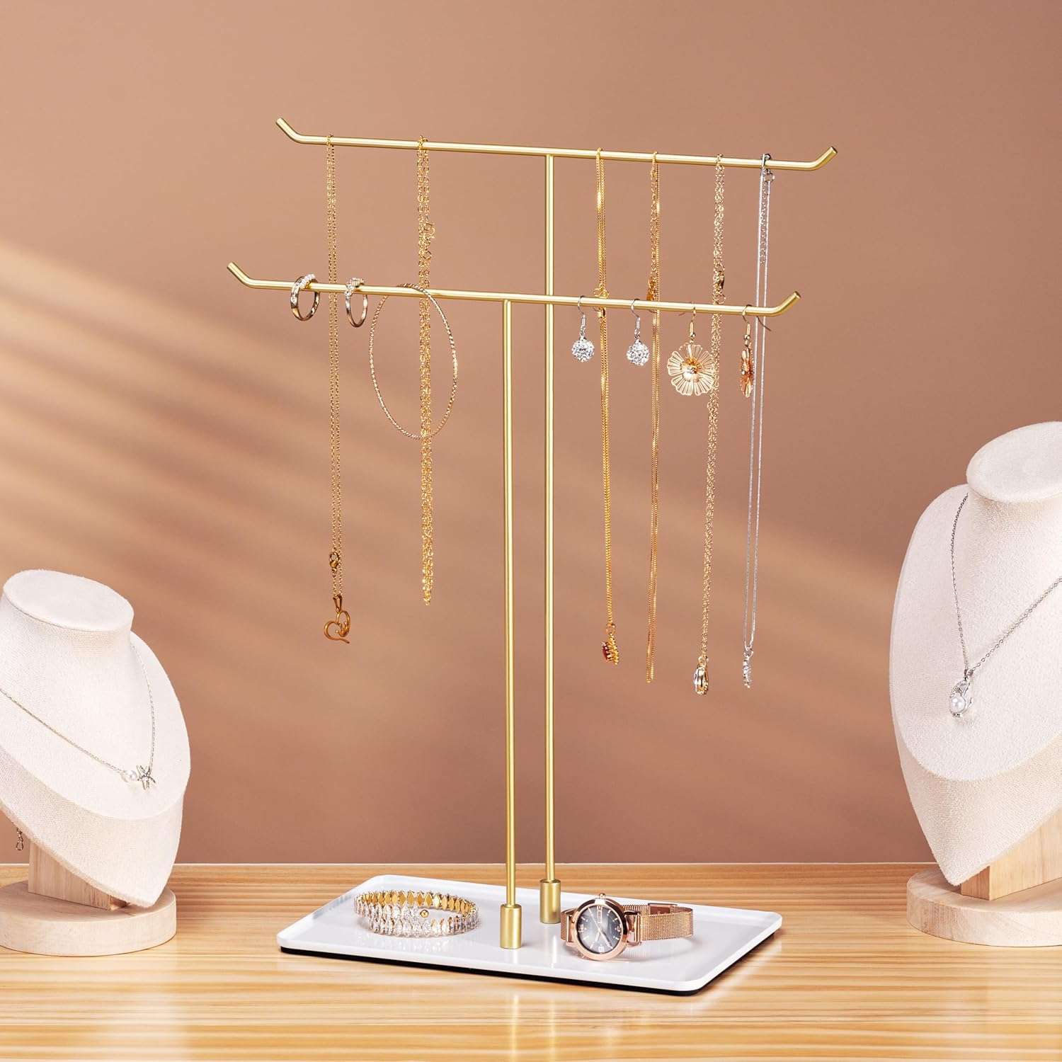 Necklace Stand Aesthetic Necklace Holder- Metal Necklace Organizer for Home Decor, Gold - 2