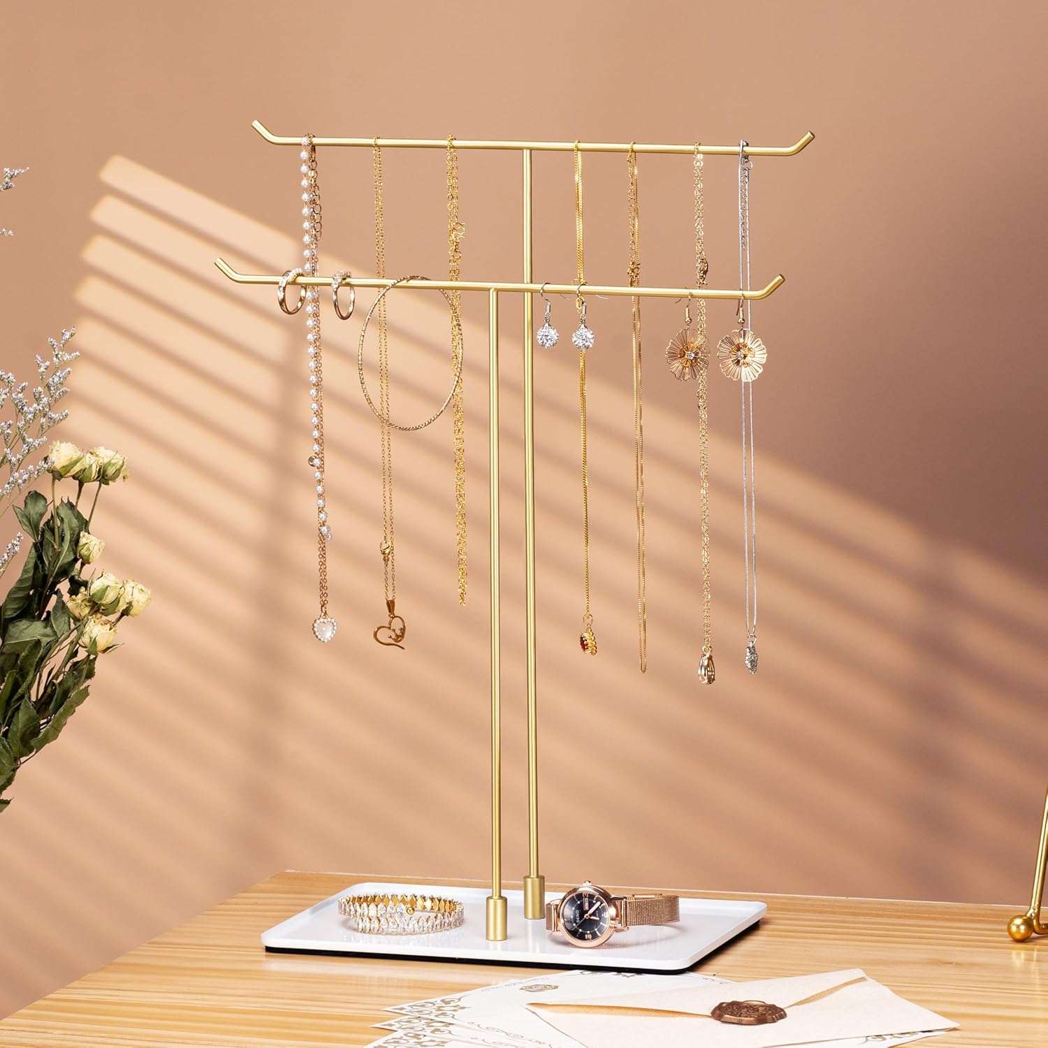 Necklace Stand Aesthetic Necklace Holder- Metal Necklace Organizer for Home Decor, Gold - 4