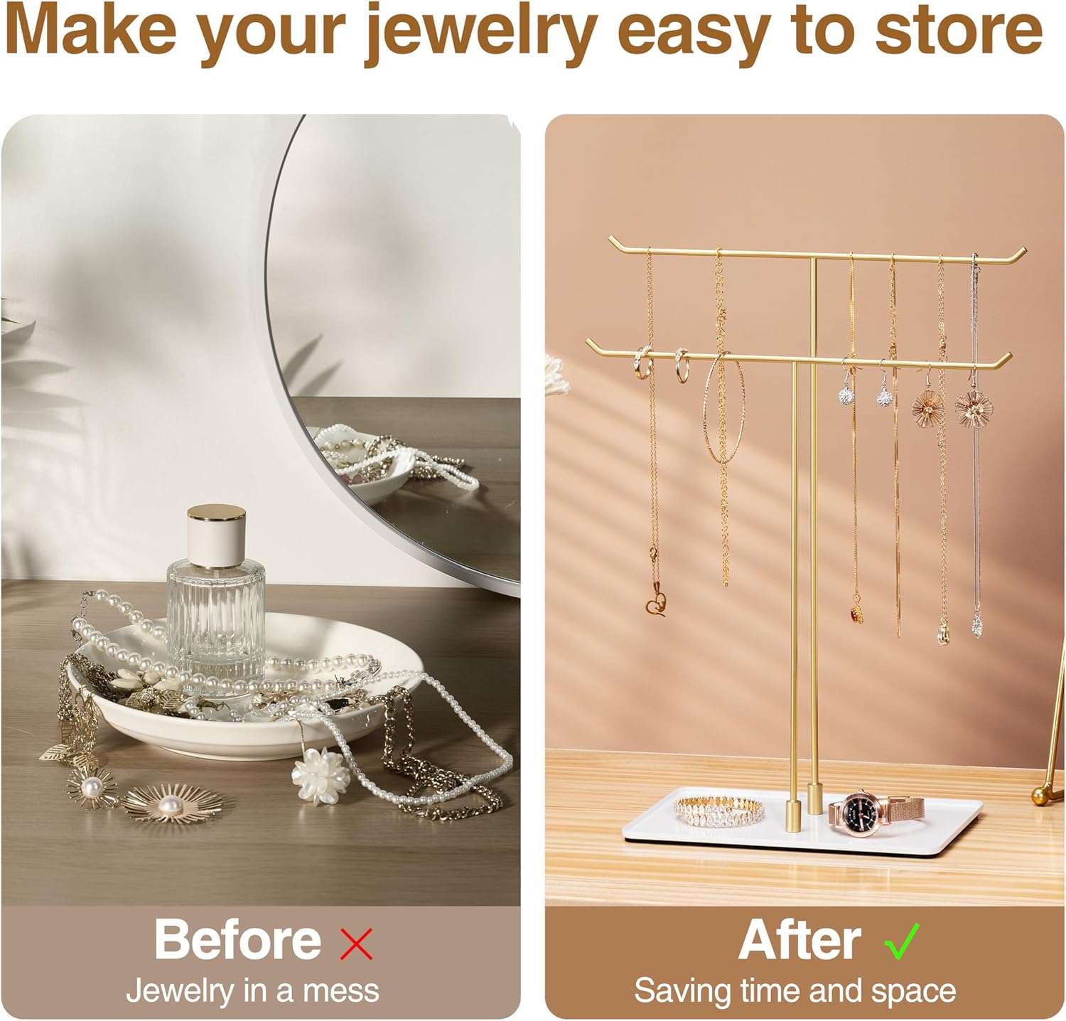 Necklace Stand Aesthetic Necklace Holder- Metal Necklace Organizer for Home Decor, Gold - 5