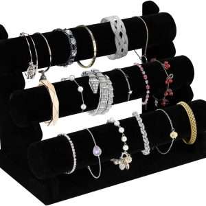OSPNIEEK Velvet Bracelet Holder with 3 Tier Rack, Black Detachable Jewelry Display Stand T-Bar Necklace Storage Organizer for Bangles Watch Bracelets Scrunchies Organization Showcase - 1