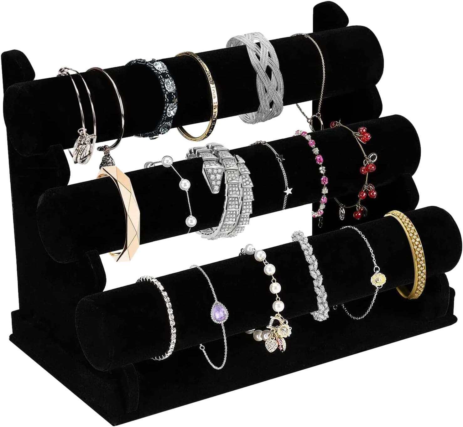 OSPNIEEK Velvet Bracelet Holder with 3 Tier Rack, Black Detachable Jewelry Display Stand T-Bar Necklace Storage Organizer for Bangles Watch Bracelets Scrunchies Organization Showcase - 1
