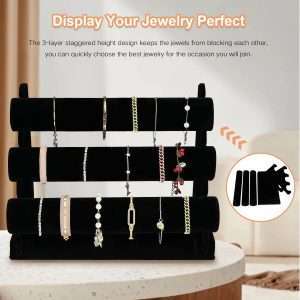 OSPNIEEK Velvet Bracelet Holder with 3 Tier Rack, Black Detachable Jewelry Display Stand T-Bar Necklace Storage Organizer for Bangles Watch Bracelets Scrunchies Organization Showcase - 2