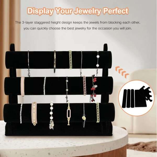 OSPNIEEK Velvet Bracelet Holder with 3 Tier Rack, Black Detachable Jewelry Display Stand T-Bar Necklace Storage Organizer for Bangles Watch Bracelets Scrunchies Organization Showcase - 2
