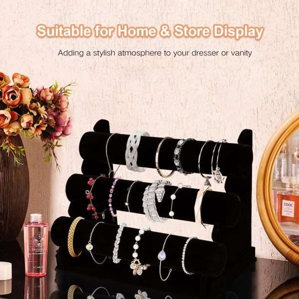 OSPNIEEK Velvet Bracelet Holder with 3 Tier Rack, Black Detachable Jewelry Display Stand T-Bar Necklace Storage Organizer for Bangles Watch Bracelets Scrunchies Organization Showcase - 3