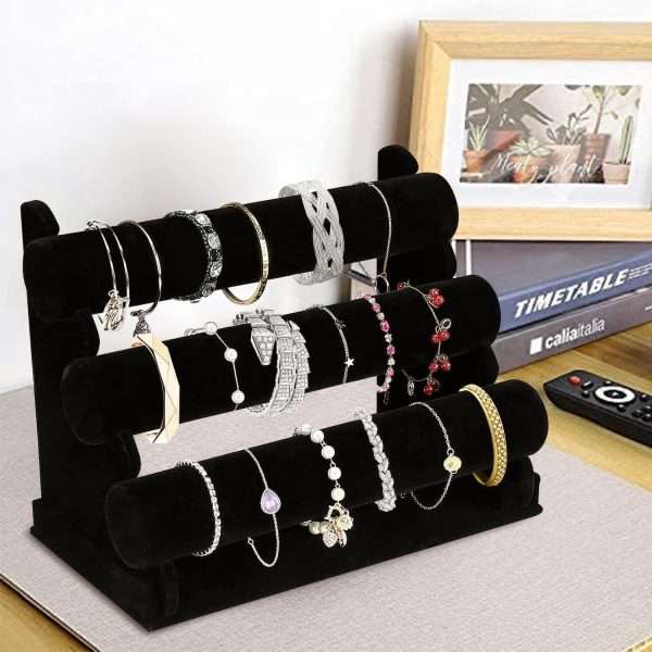 OSPNIEEK Velvet Bracelet Holder with 3 Tier Rack, Black Detachable Jewelry Display Stand T-Bar Necklace Storage Organizer for Bangles Watch Bracelets Scrunchies Organization Showcase - 5