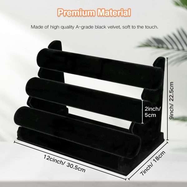 OSPNIEEK Velvet Bracelet Holder with 3 Tier Rack, Black Detachable Jewelry Display Stand T-Bar Necklace Storage Organizer for Bangles Watch Bracelets Scrunchies Organization Showcase - 6