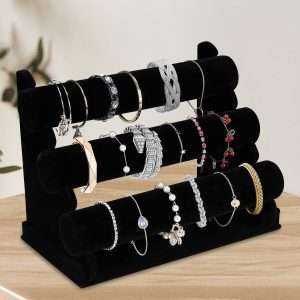 OSPNIEEK Velvet Bracelet Holder with 3 Tier Rack, Black Detachable Jewelry Display Stand T-Bar Necklace Storage Organizer for Bangles Watch Bracelets Scrunchies Organization Showcase - 7
