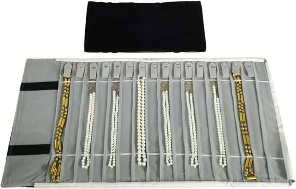 Portable Jewelry Roll Untangled Secure Necklace Travel Storage Bag Displays Holder 16 Chain (Black and Gray) - 1