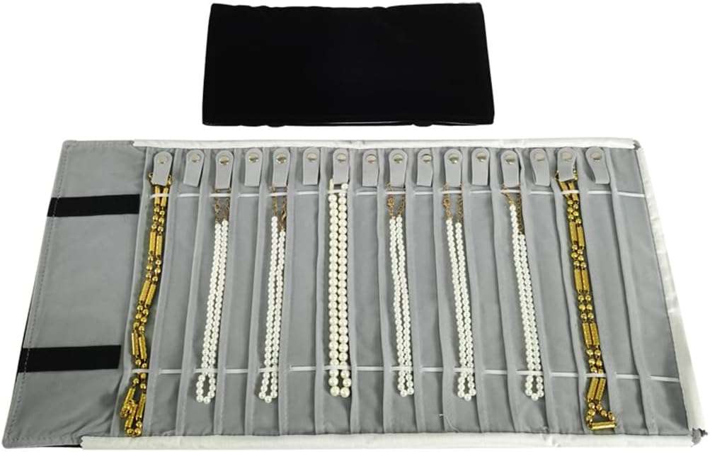 Portable Jewelry Roll Untangled Secure Necklace Travel Storage Bag Displays Holder 16 Chain (Black and Gray) - 1