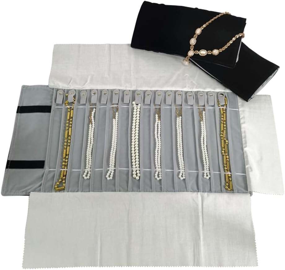 Portable Jewelry Roll Untangled Secure Necklace Travel Storage Bag Displays Holder 16 Chain (Black and Gray) - 2
